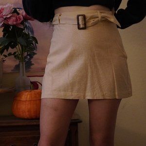 Sand Beige Linen Mini Skirt with Tortoiseshell Belt for Summer